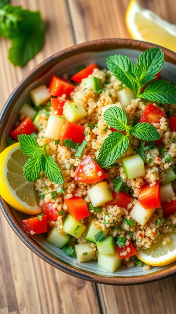 Quinoa tabbouleh salad with parsley, tomatoes, cucumbers, mint, and lemon on a rustic table.
